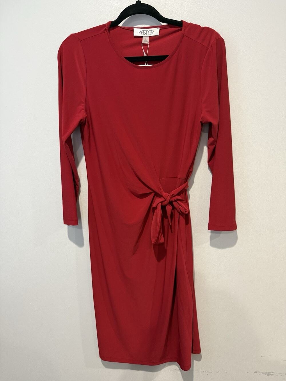 NWT Kasper Fire Red Midi Sheath Dress 3/4 Sleeve Side Tie Stretchy Romantic S